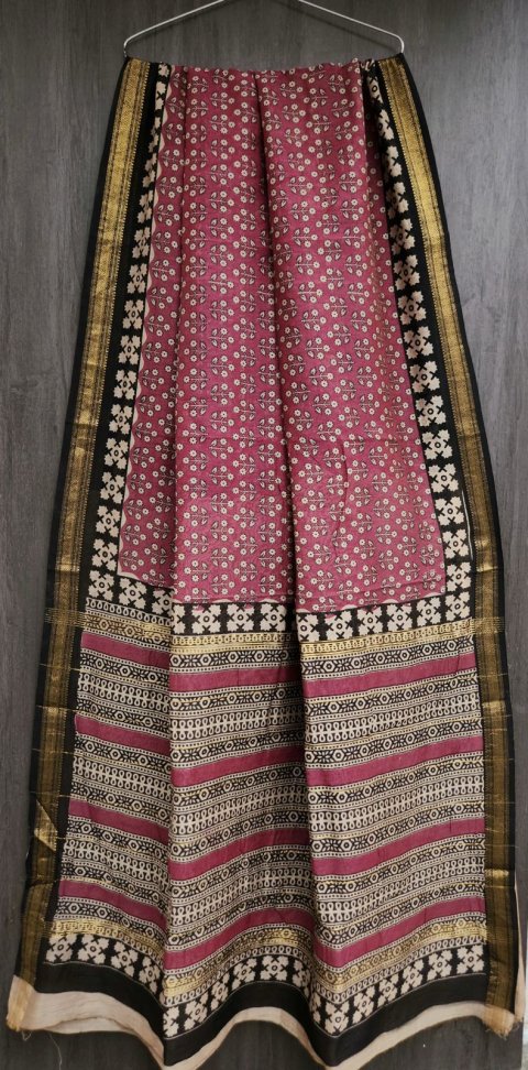 Hand block printed Maheshwari silk saree