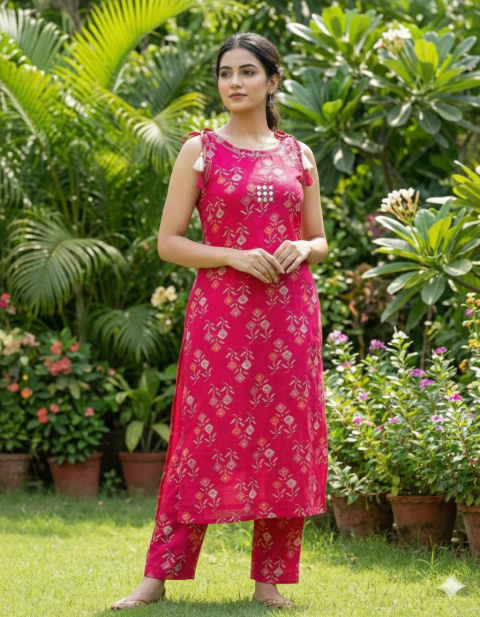 Kalakaari Women's Rani Pink Floral Printed Sleeveless Kurta with Pant Set
