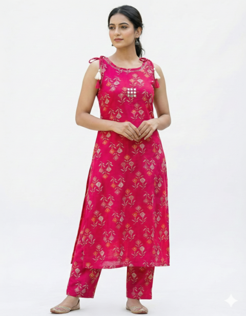 Kalakaari Women's Rani Pink Floral Printed Sleeveless Kurta with Pant Set